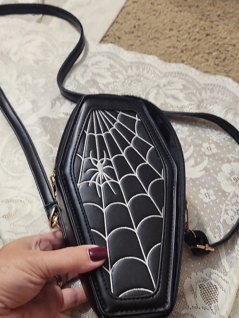 NEW Black Coffin Crossbody Bag with Spiderweb Embroidery